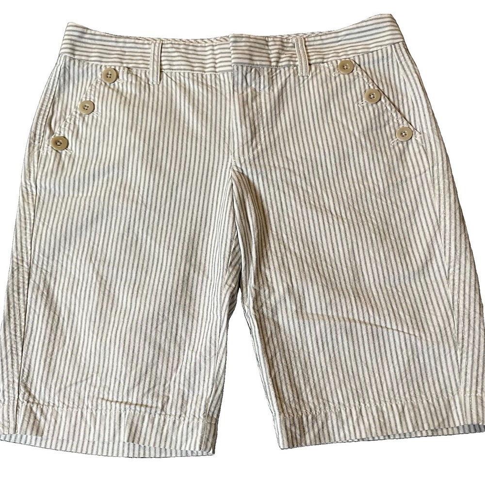 Y2K 90s Gap Bermuda Shorts Sz 4 White Gray Stripes Buttons Outdoor Athleisure